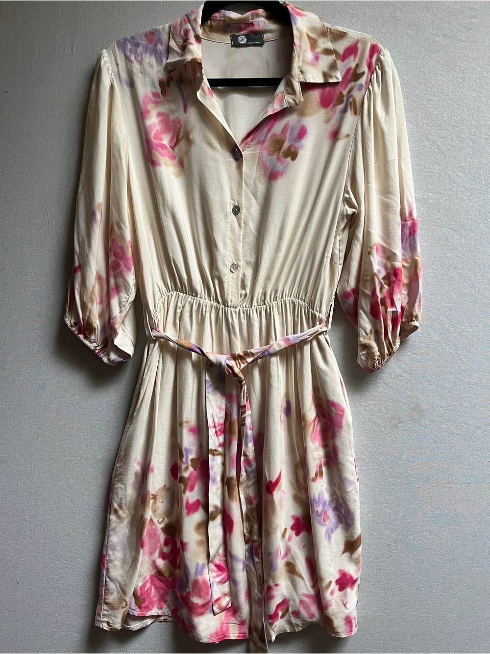 M Made in Italy Cream Floral Viscose Button Shirt Dress Belted Sz S